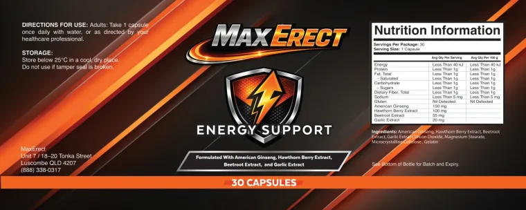 Official MaxErect Energy Support label - directions for use, storage and the full Nutrition Information panel with the amount of each ingredient